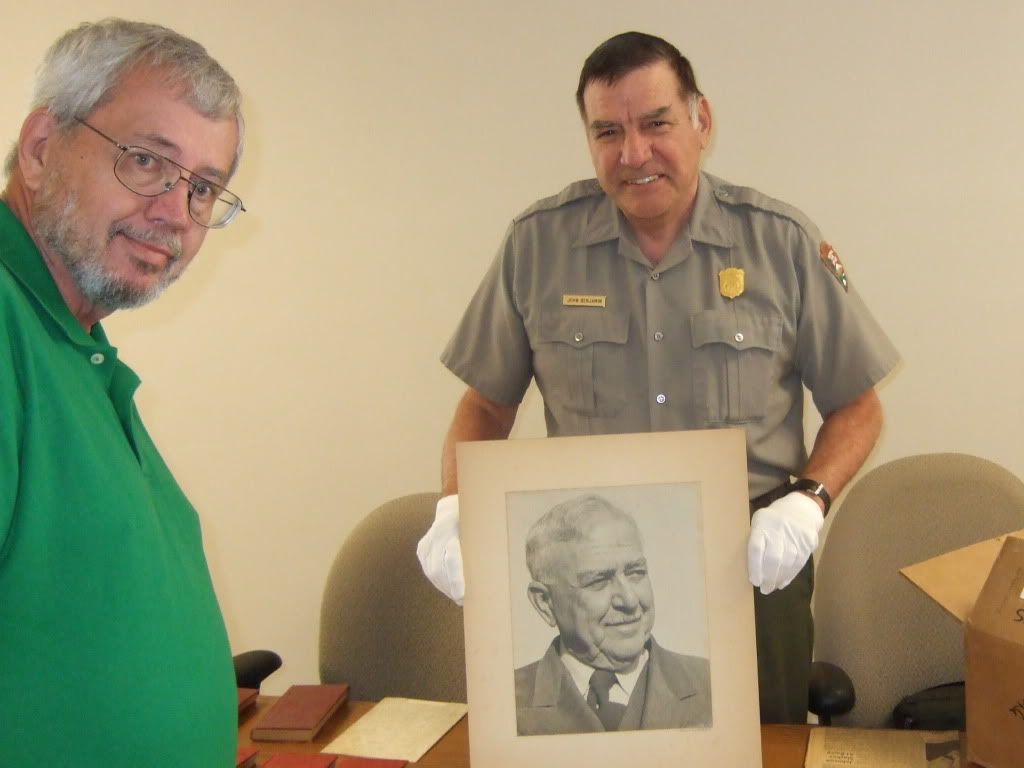 (L)Jim McGuire, Grandson of Supt Tom Boles; (R) Park Supt John Benjamin--Picture by Bob Hoff, Park Volunteer