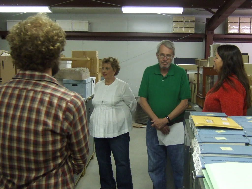 McGire family in the CAVE Museum Storage bldg.; to right is CAVE Chief of Visitor Protection Lila Mohesky-Roybal