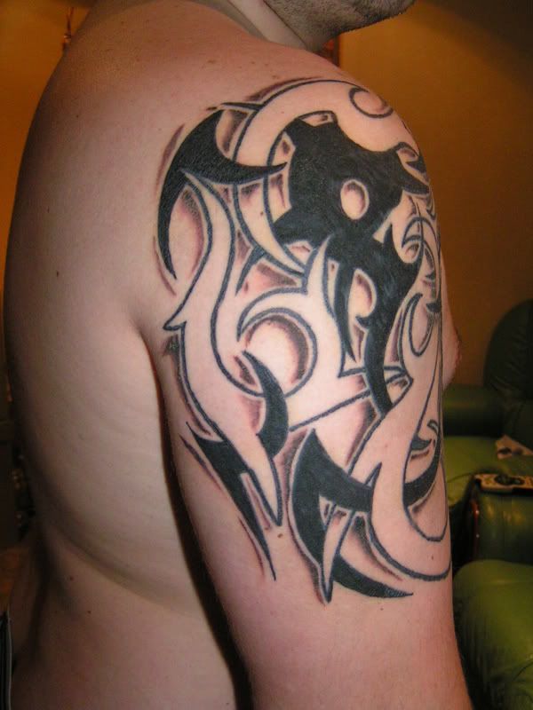 tribal arm tattoo bw. Tribal Arm Tattoo, black and white